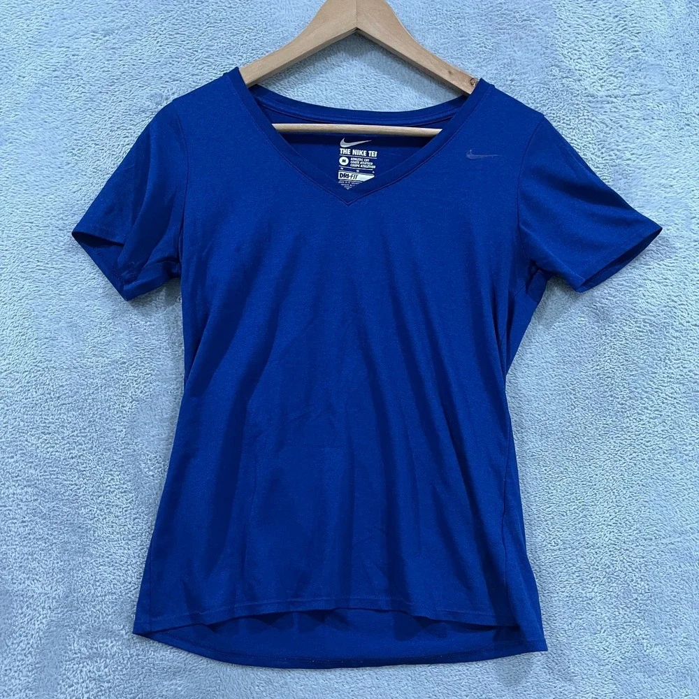 The Nike Tee Blue Athletic Cut Dri Fit Womens M V-Neck Shirt Athleisure Comfort